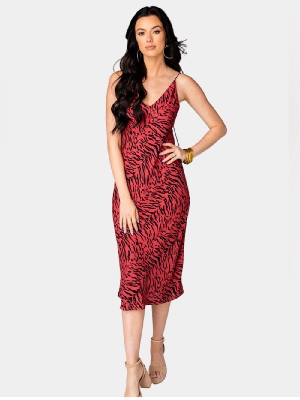 NWOT Buddy Love Tiff Midi Slip Dress in Tigers Blood Red Black Animal Print - M